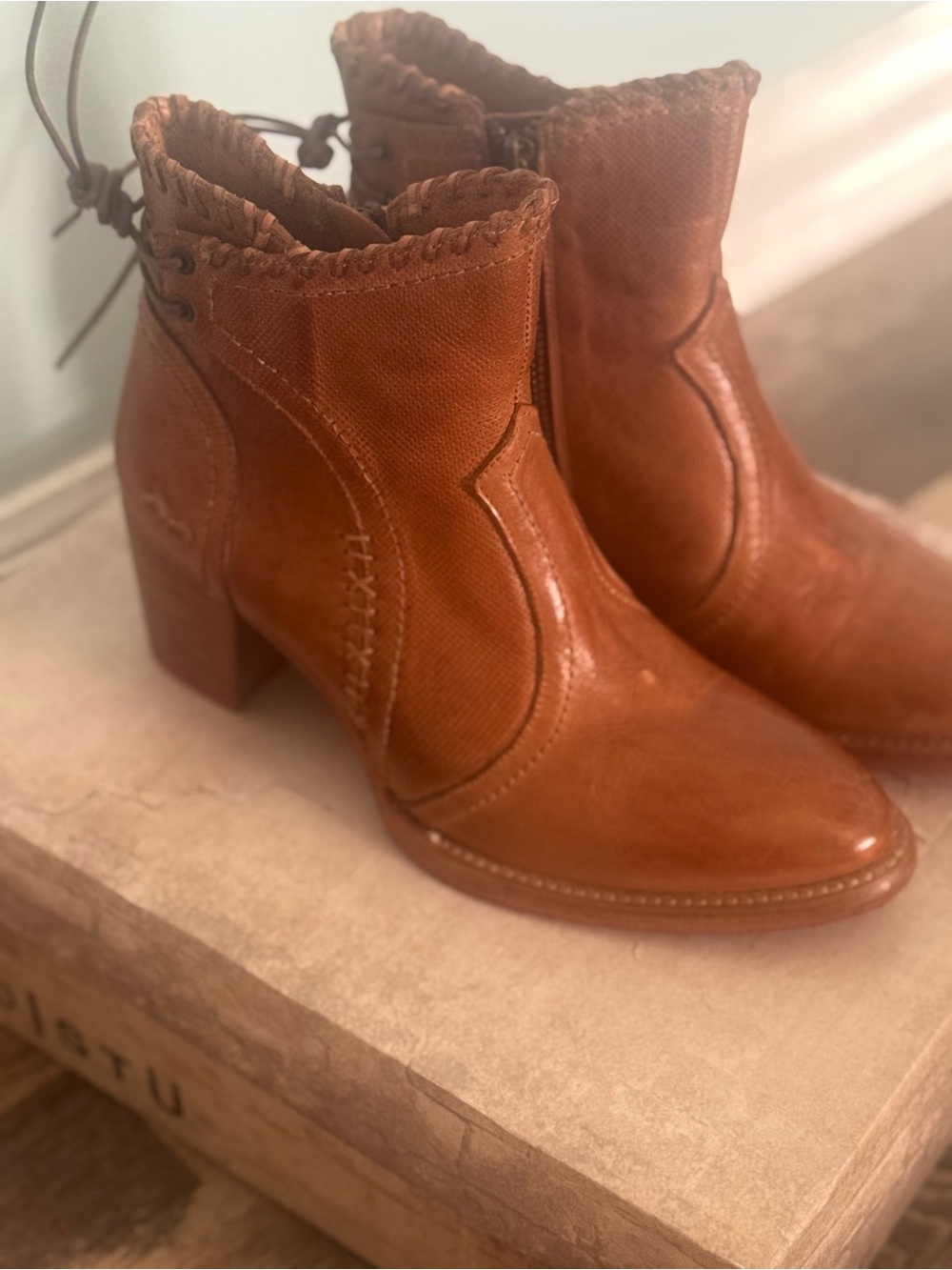 BED|STU Cognac Leather Ankle Booties with Braided Trim